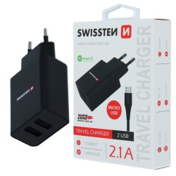 Ładowarka sieciowa Swissten Smartic 2xUSB 2.1A + Kabel Micro USB 1.2m czarna